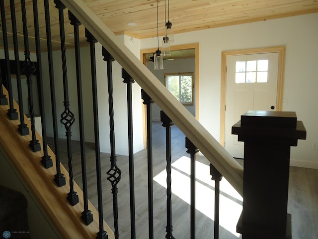 212 May Ave, Page, ND 58064 - stairway featuring wooden ceiling, wood finished floors, and baseboards