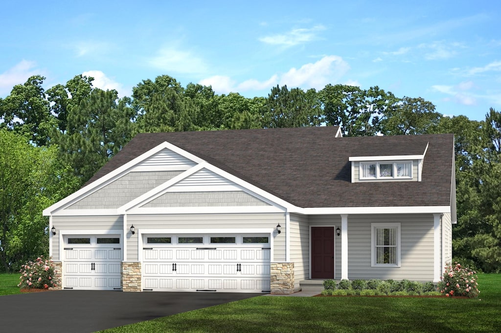 view of front of home with a garage, driveway, stone siding, roof with shingles, and a front yard