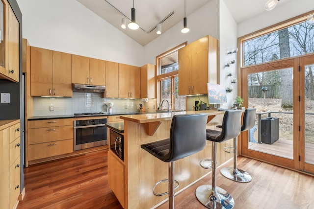 kitchen featuring under cabinet range hood, wood finished floors, stainless steel oven, a kitchen breakfast bar, and decorative backsplash