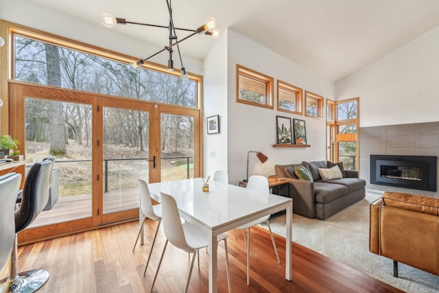 dining room with a healthy amount of sunlight, a fireplace, and wood finished floors