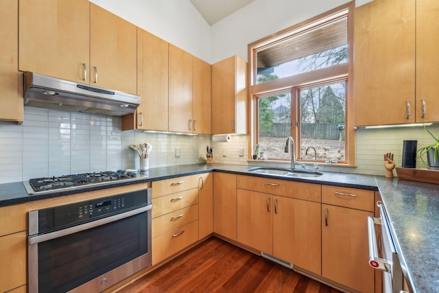 kitchen featuring dark wood finished floors, dark countertops, stainless steel appliances, under cabinet range hood, and a sink