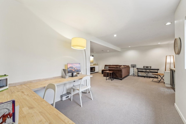 office space featuring recessed lighting, carpet flooring, and baseboards