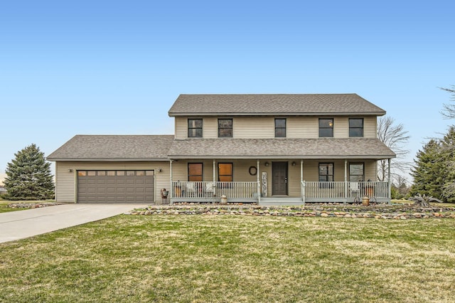 view of front facade featuring a porch, a garage, concrete driveway, a front lawn, and roof with shingles