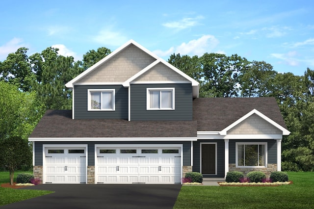 craftsman house featuring driveway, a garage, stone siding, roof with shingles, and a front yard