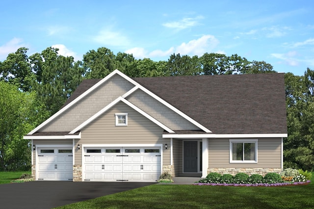 view of front of home with stone siding, a shingled roof, a front lawn, and driveway