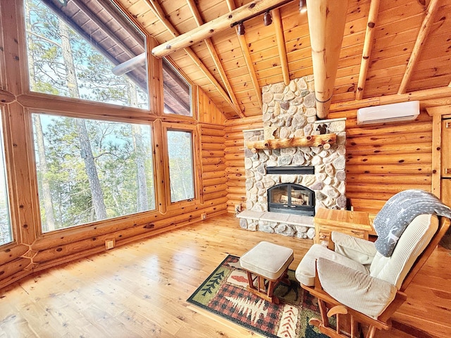 living room featuring wooden ceiling, a wall mounted air conditioner, log walls, beamed ceiling, and hardwood / wood-style floors