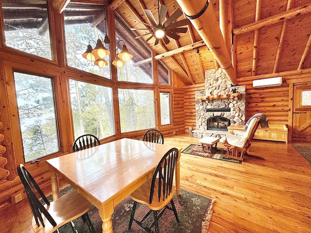 dining room with log walls, high vaulted ceiling, wood ceiling, a fireplace, and a wall unit AC