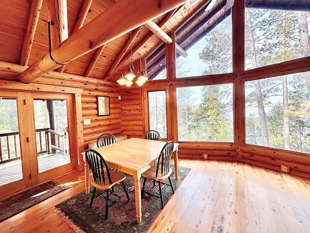 dining area featuring rustic walls, wood ceiling, high vaulted ceiling, beamed ceiling, and wood-type flooring