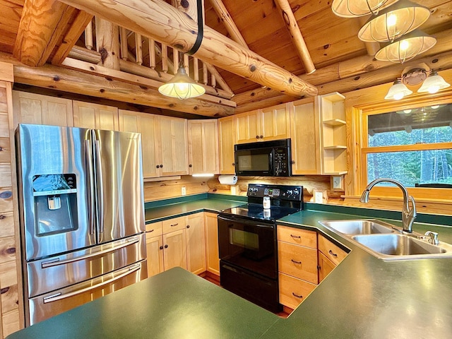 kitchen featuring black appliances, a sink, light brown cabinets, dark countertops, and wood ceiling