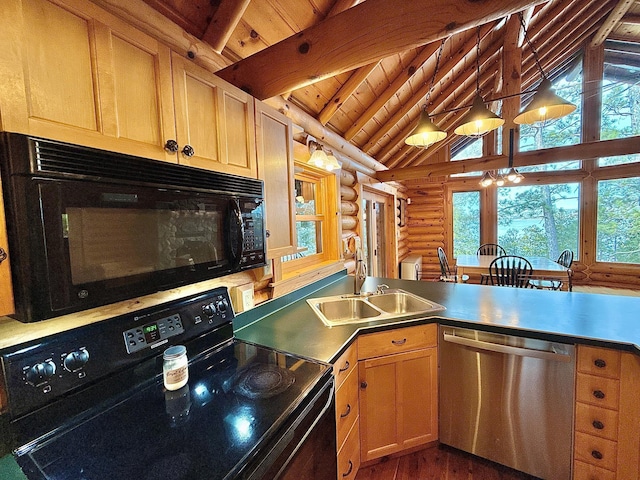 kitchen featuring log walls, black appliances, a sink, wood ceiling, and healthy amount of natural light