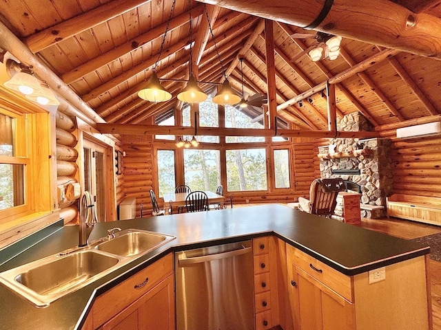 kitchen featuring stainless steel dishwasher, log walls, wood ceiling, beam ceiling, and a sink