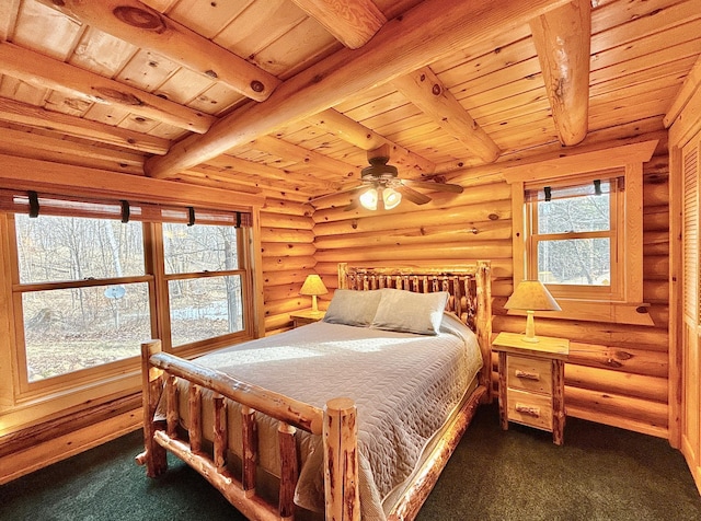 bedroom with wood ceiling, dark carpet, beamed ceiling, and rustic walls