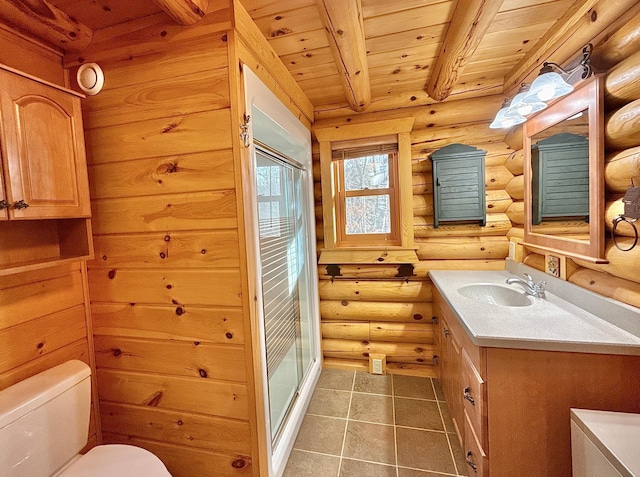 bathroom featuring rustic walls, toilet, a shower stall, vanity, and wood ceiling