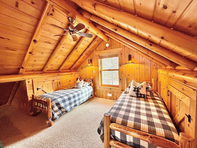 carpeted bedroom with lofted ceiling, wood ceiling, and wood walls