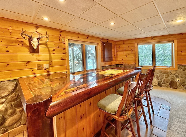 indoor dry bar with carpet floors, wood walls, and recessed lighting