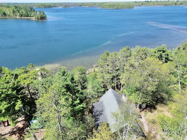 drone / aerial view of a nearby body of water and a heavily wooded area