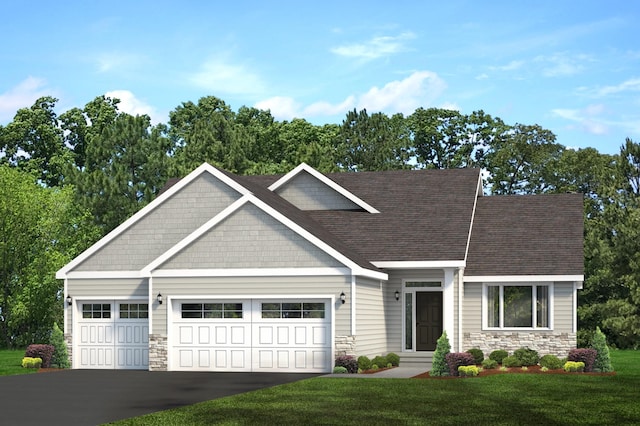 craftsman-style house featuring entry steps, stone siding, aphalt driveway, and an attached garage