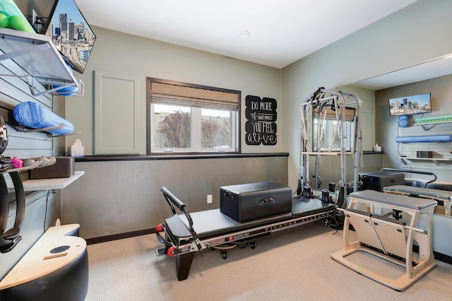 exercise room featuring carpet