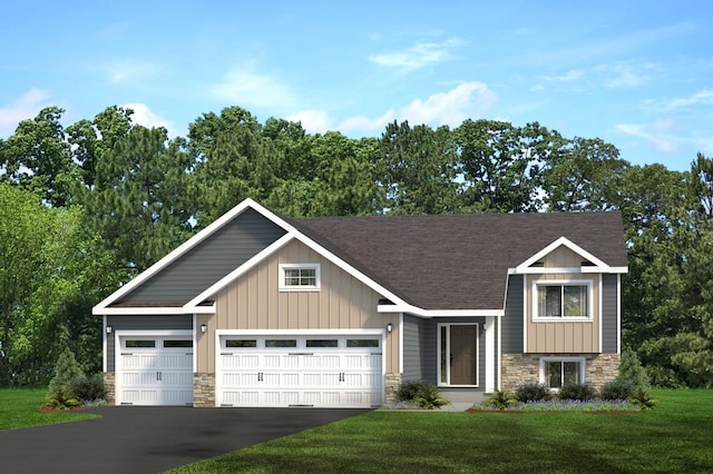 view of front of home featuring driveway, stone siding, roof with shingles, an attached garage, and a front lawn