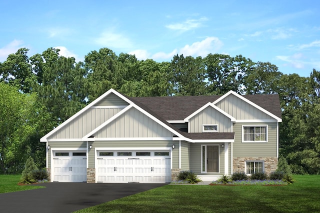 view of front of property featuring an attached garage, a shingled roof, stone siding, driveway, and board and batten siding