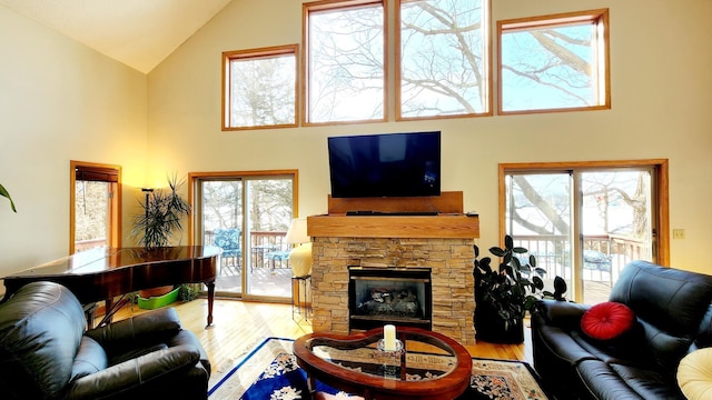 living area featuring plenty of natural light, a stone fireplace, wood finished floors, and high vaulted ceiling