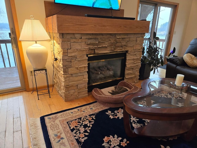 living area with hardwood / wood-style flooring, baseboards, a wealth of natural light, and a fireplace
