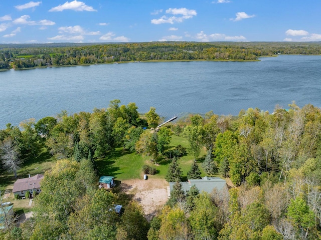 aerial view featuring a water view and a wooded view