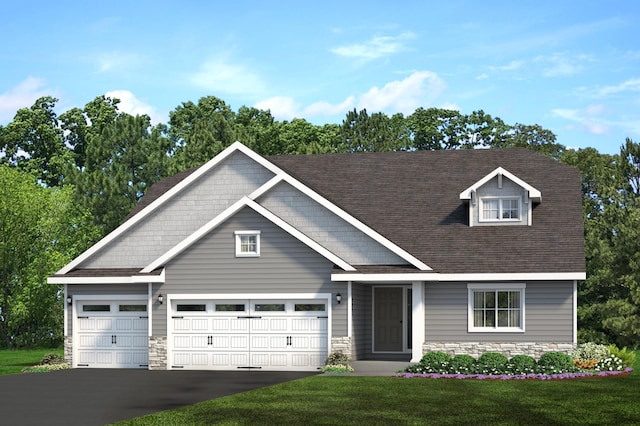 craftsman-style house featuring stone siding, roof with shingles, a front yard, and driveway