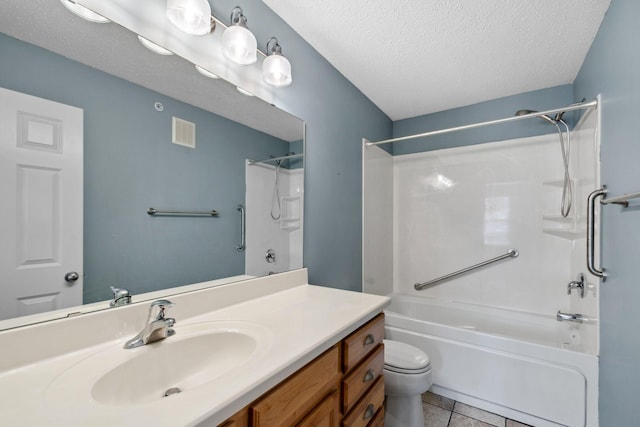 bathroom featuring vanity, visible vents, tile patterned flooring, a textured ceiling, and toilet