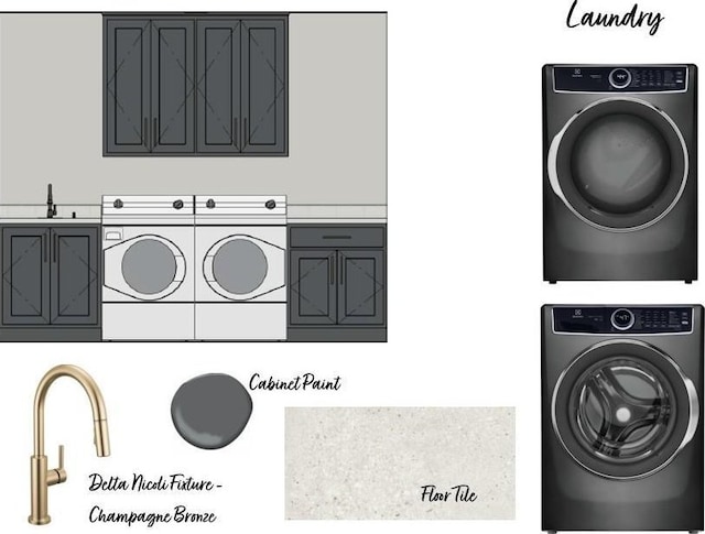 clothes washing area featuring stacked washer / dryer and cabinet space