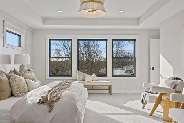 carpeted bedroom featuring a raised ceiling and baseboards