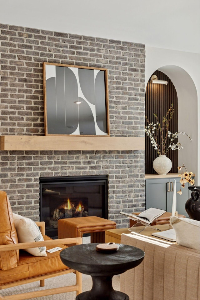 detailed view of a brick fireplace and arched walkways