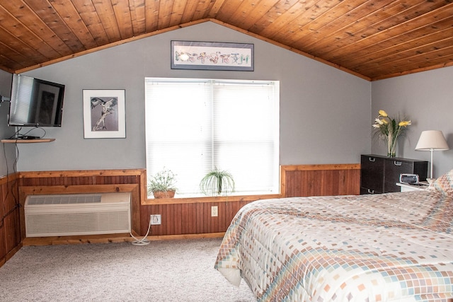 1702 Lakeshore Dr Unit 8, Lake City, MN 55041 - carpeted bedroom with wooden walls, an AC wall unit, wooden ceiling, and vaulted ceiling