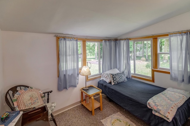 carpeted bedroom featuring multiple windows, lofted ceiling, and baseboards