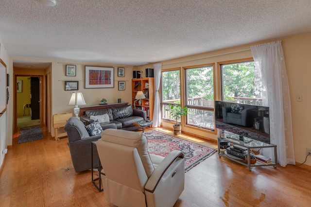 living area featuring a textured ceiling and wood finished floors