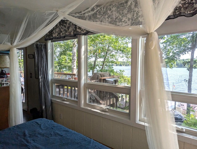 bedroom featuring a water view