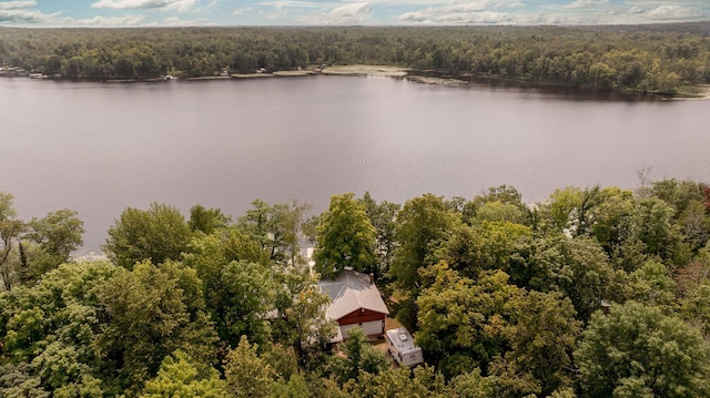 drone / aerial view with a forest view and a water view