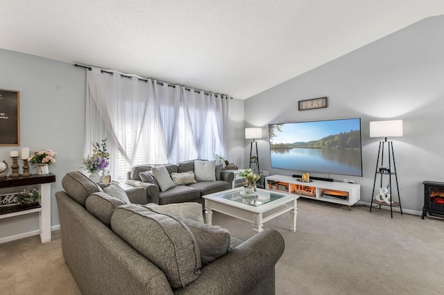 living room with a textured ceiling, baseboards, vaulted ceiling, carpet, and a wood stove