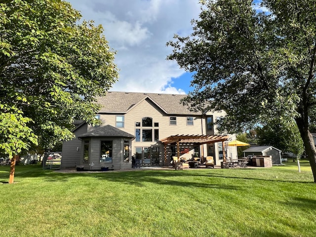 back of property featuring a patio, an outdoor structure, a lawn, a pergola, and a shed