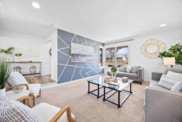 living room with recessed lighting, baseboards, and carpet