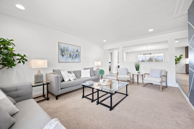 living room featuring light colored carpet, recessed lighting, visible vents, and baseboards