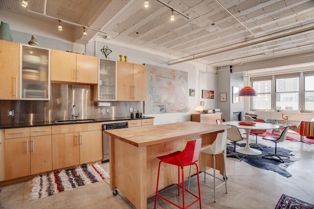 225 9th St E Unit 504, Saint Paul, MN 55101 - kitchen featuring a sink, dishwasher, track lighting, and finished concrete floors