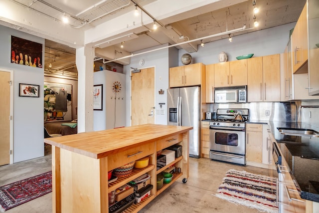 225 9th St E Unit 504, Saint Paul, MN 55101 - kitchen with stainless steel appliances, light brown cabinetry, concrete flooring, rail lighting, and wood counters