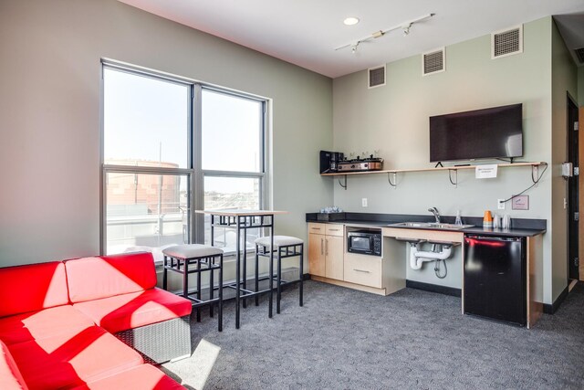 225 9th St E Unit 504, Saint Paul, MN 55101 - kitchen with black microwave, light colored carpet, a sink, open shelves, and dark countertops