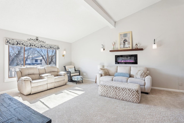 carpeted living room with vaulted ceiling with beams, baseboards, and a glass covered fireplace