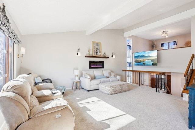 carpeted living area with vaulted ceiling with beams, baseboards, and stairway