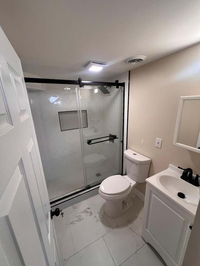 full bathroom featuring toilet, marble finish floor, visible vents, and a stall shower