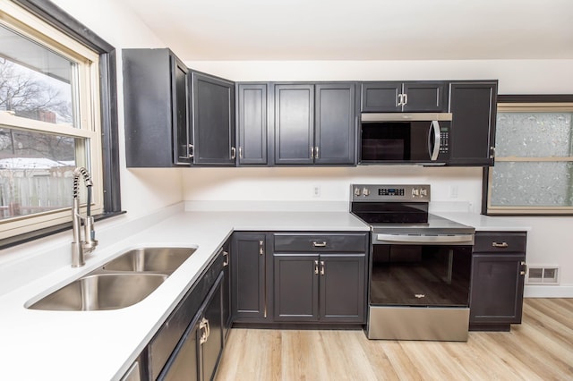 kitchen featuring light wood finished floors, visible vents, stainless steel appliances, light countertops, and a sink