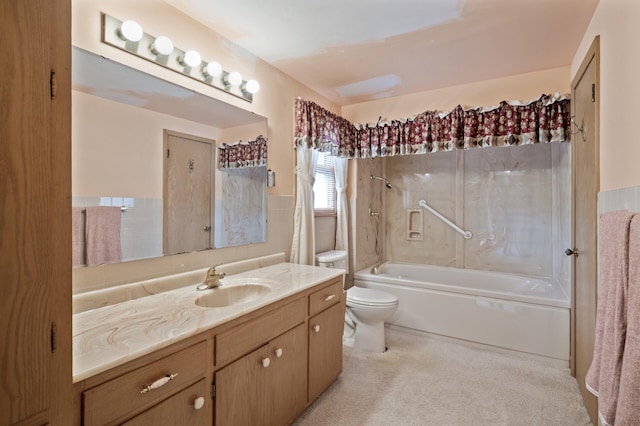 2905 Lake Blvd N, Saint Paul, MN 55109 - bathroom featuring shower / tub combination, vanity, toilet, tile walls, and a wainscoted wall