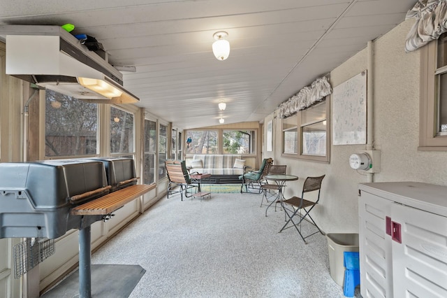 2905 Lake Blvd N, Saint Paul, MN 55109 - sunroom with carpet, lofted ceiling, and a textured wall